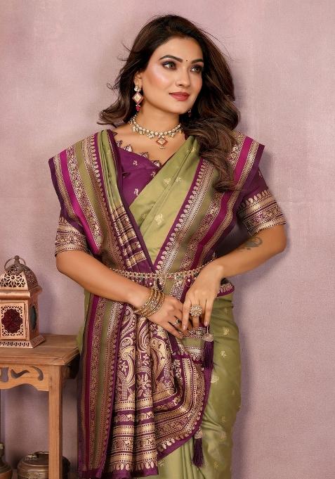 Green Zari Woven Kalamkari Saree Set