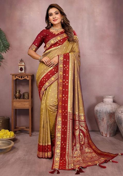 Gold Zari Woven Kalamkari Saree Set
