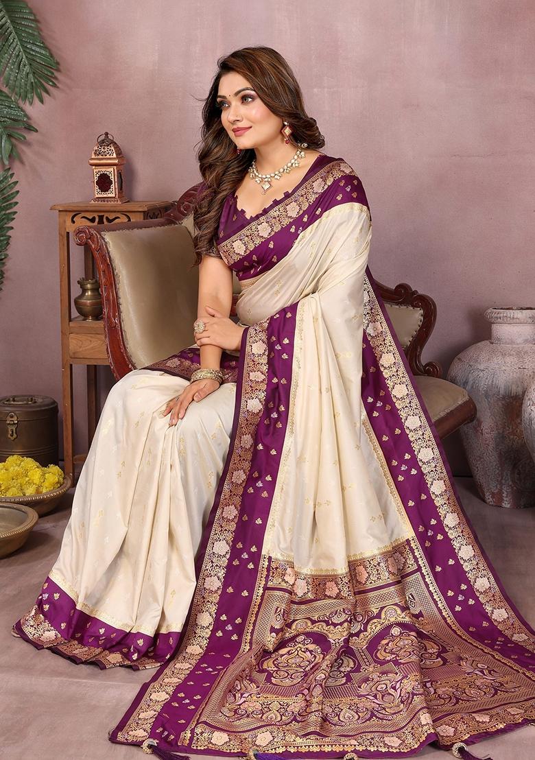 Beige Zari Woven Kalamkari Saree Set