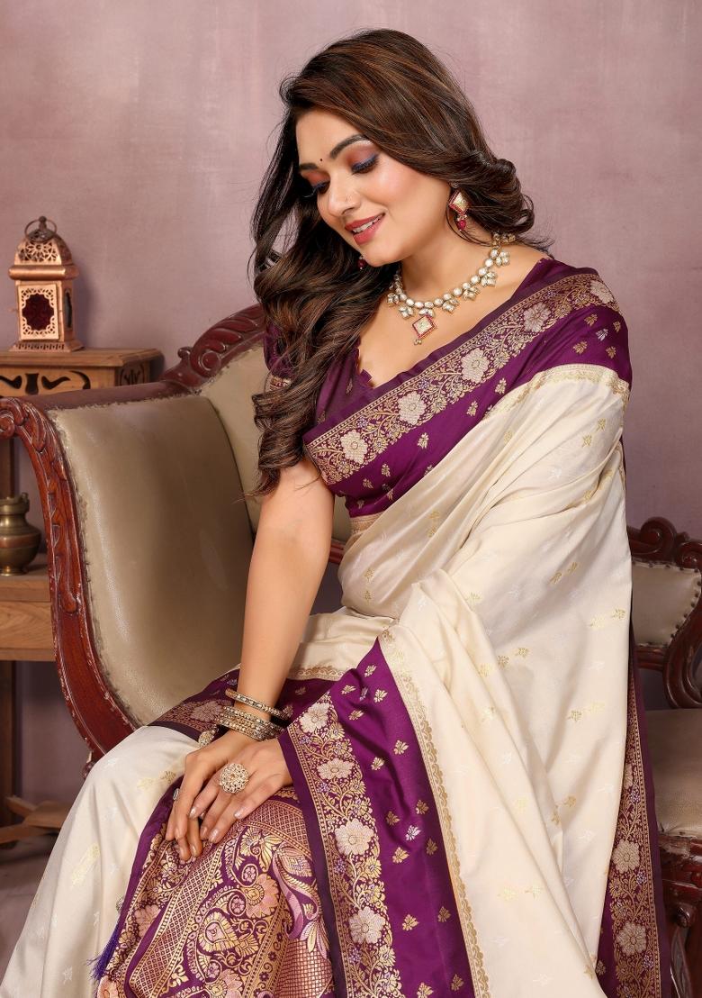 Beige Zari Woven Kalamkari Saree Set