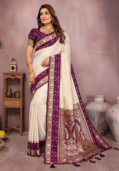 Beige Zari Woven Kalamkari Saree Set