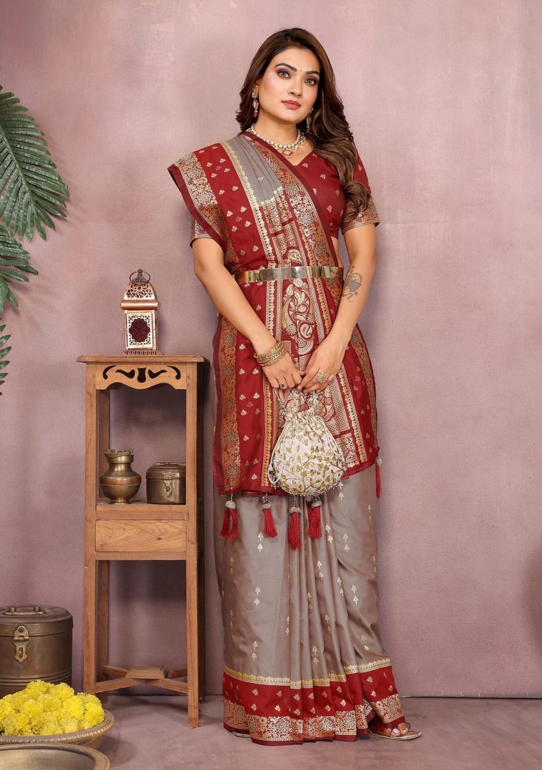 Grey Zari Woven Kalamkari Saree Set