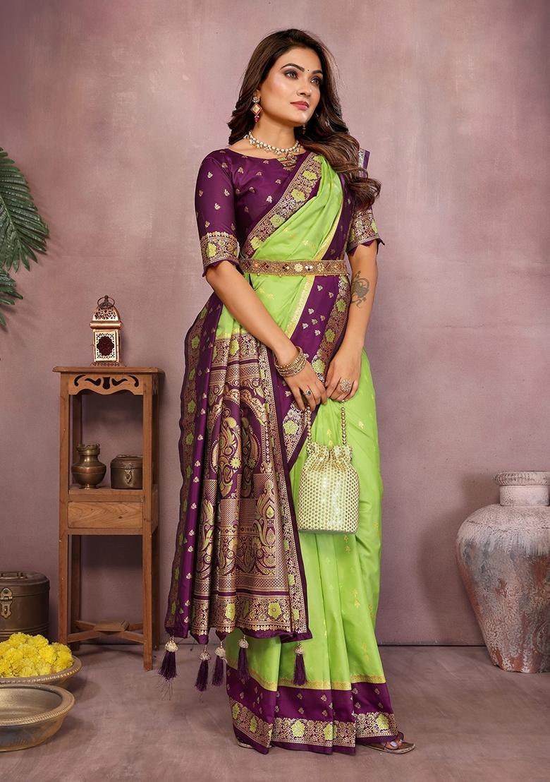 Parrot Green Zari Woven Kalamkari Saree Set