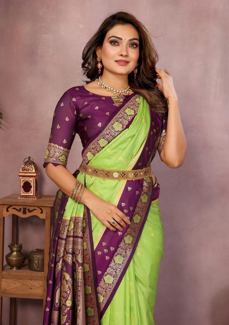 Parrot Green Zari Woven Kalamkari Saree Set