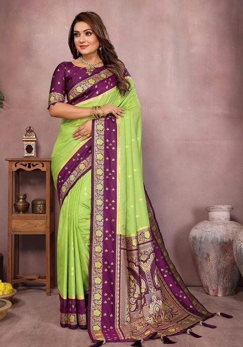 Parrot Green Zari Woven Kalamkari Saree Set
