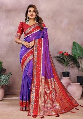 Violet Zari Woven Kalamkari Saree Set