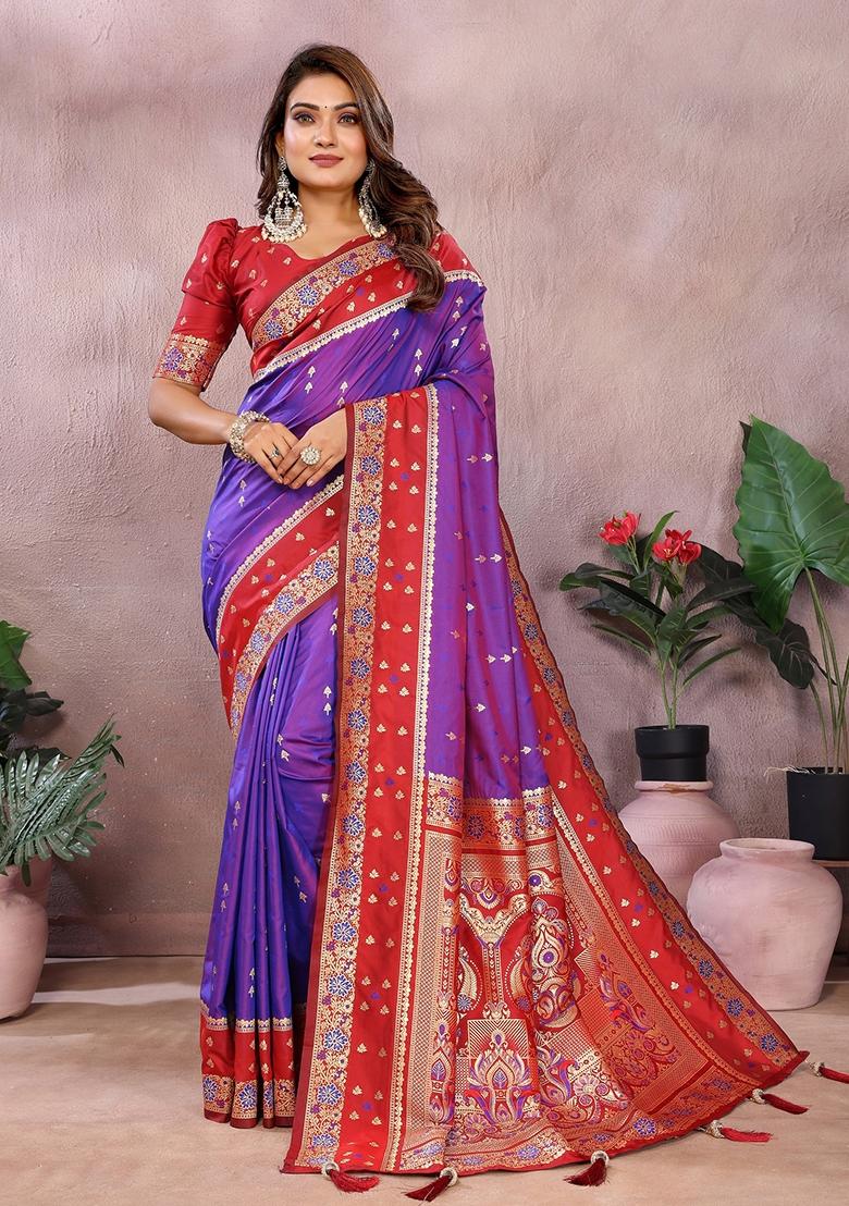 Violet Zari Woven Kalamkari Saree Set
