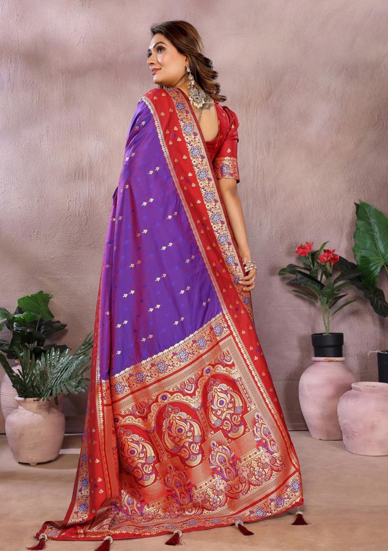 Violet Zari Woven Kalamkari Saree Set