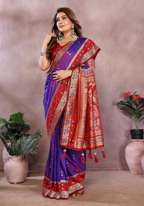 Violet Zari Woven Kalamkari Saree Set