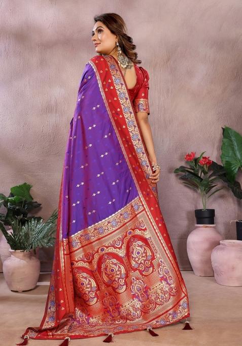 Violet Zari Woven Kalamkari Saree Set
