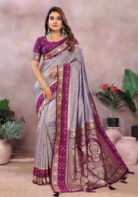 Lavender Zari Woven Kalamkari Saree Set