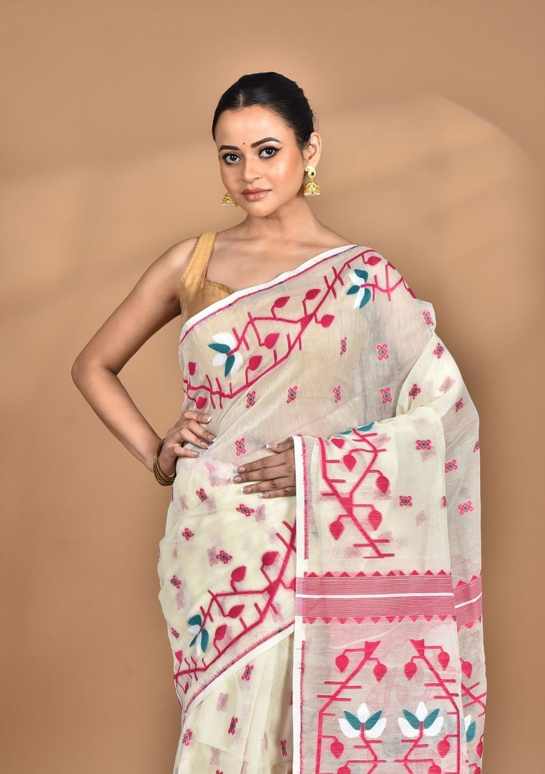 Cream Handloom Pure Cotton Saree Set