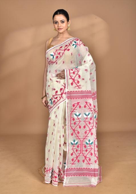 Cream Handloom Pure Cotton Saree Set