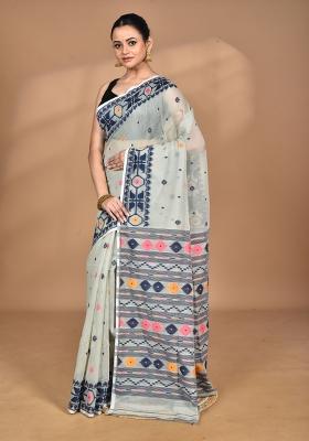 Slate Grey Handloom Pure Cotton Saree Set
