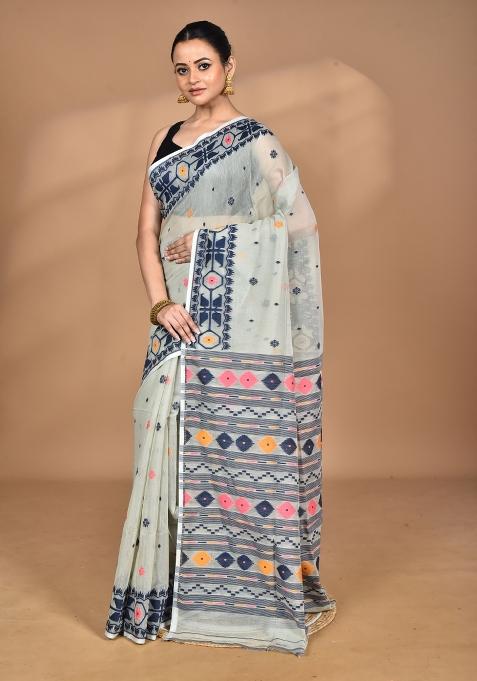 Slate Grey Handloom Pure Cotton Saree Set