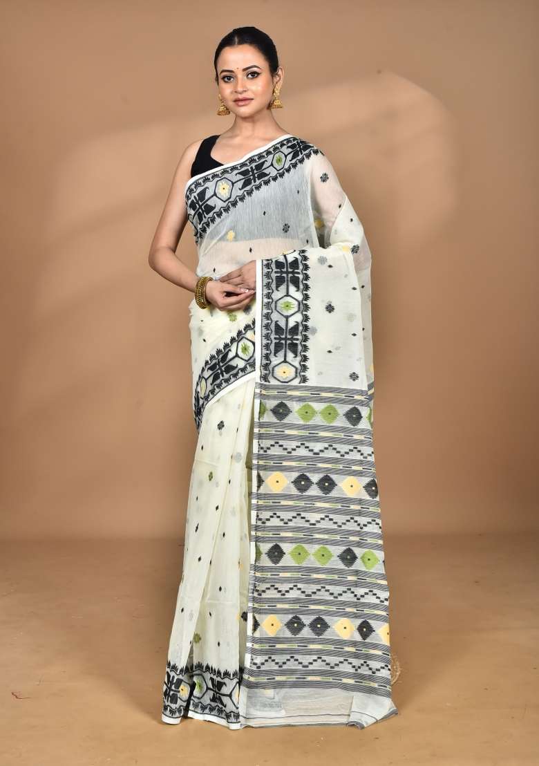 Vanilla Cream Handloom Pure Cotton Saree Set for Diwali | Wedding & Festive Wear - Indya