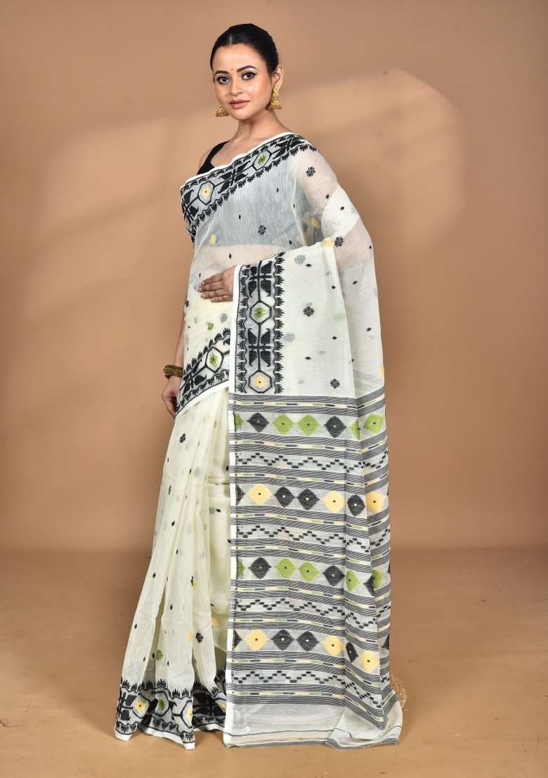 Vanilla Cream Handloom Pure Cotton Saree Set for Diwali | Wedding & Festive Wear - Indya