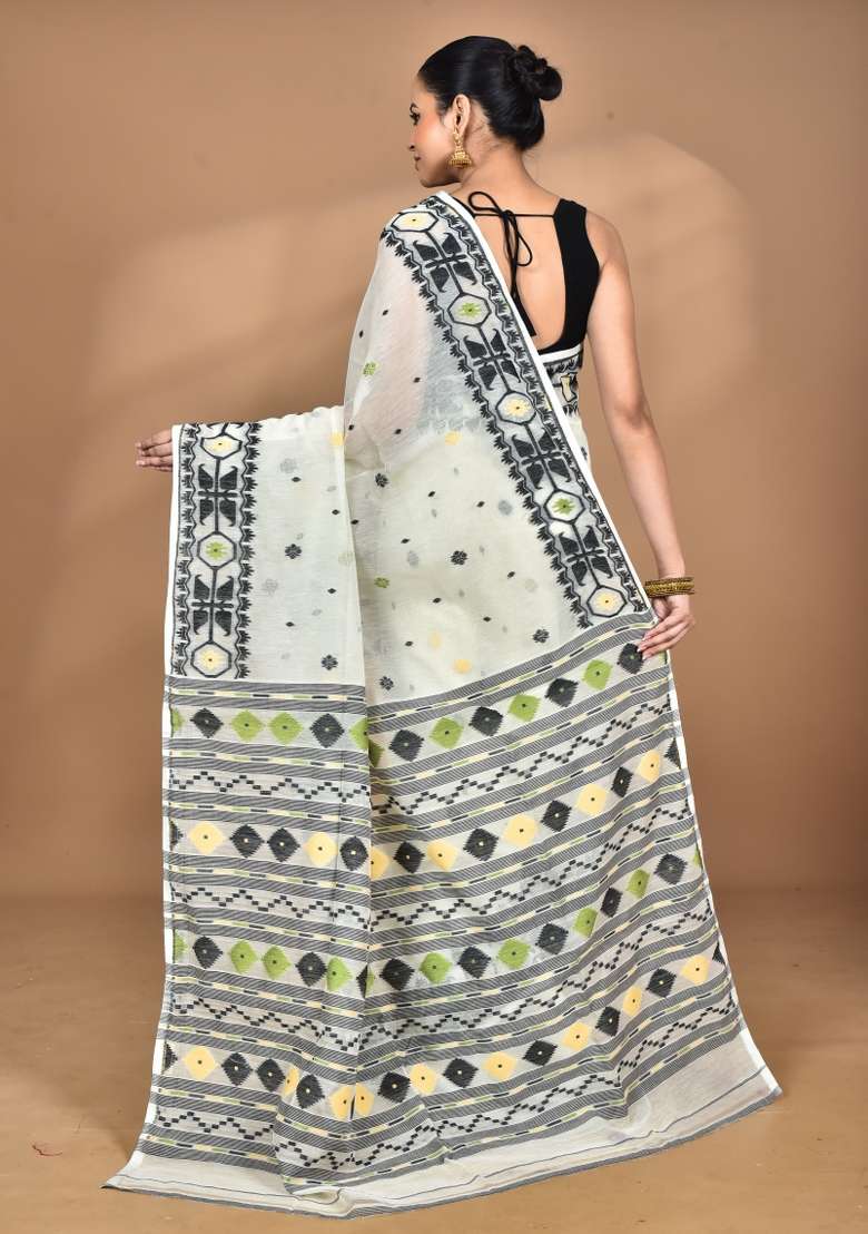 Vanilla Cream Handloom Pure Cotton Saree Set for Diwali | Wedding & Festive Wear - Indya