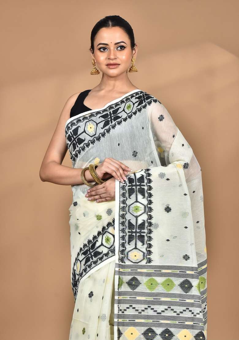 Vanilla Cream Handloom Pure Cotton Saree Set for Diwali | Wedding & Festive Wear - Indya
