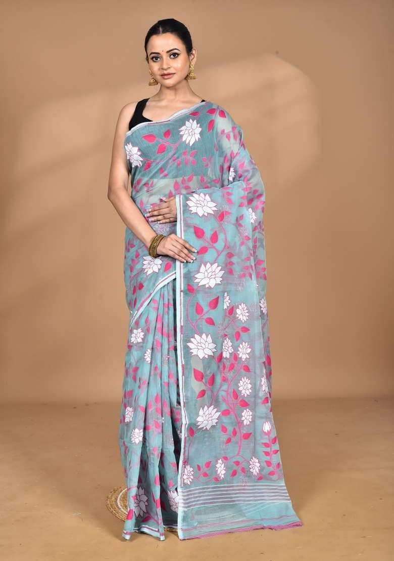 Codet Blue Handloom Pure Cotton Saree Set for Diwali | Wedding & Festive Wear - Indya