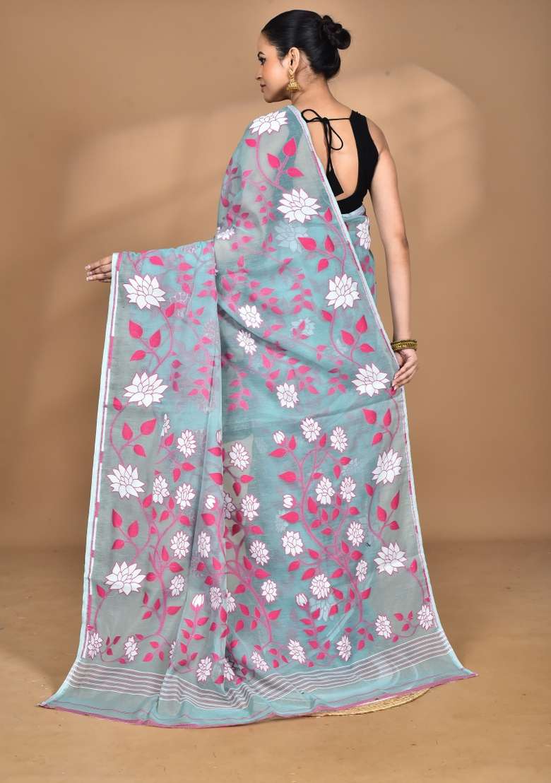 Codet Blue Handloom Pure Cotton Saree Set for Diwali | Wedding & Festive Wear - Indya
