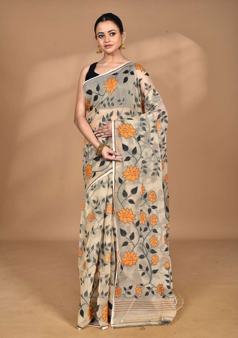 Burlywood Brown Handloom Pure Cotton Saree Set - Indya