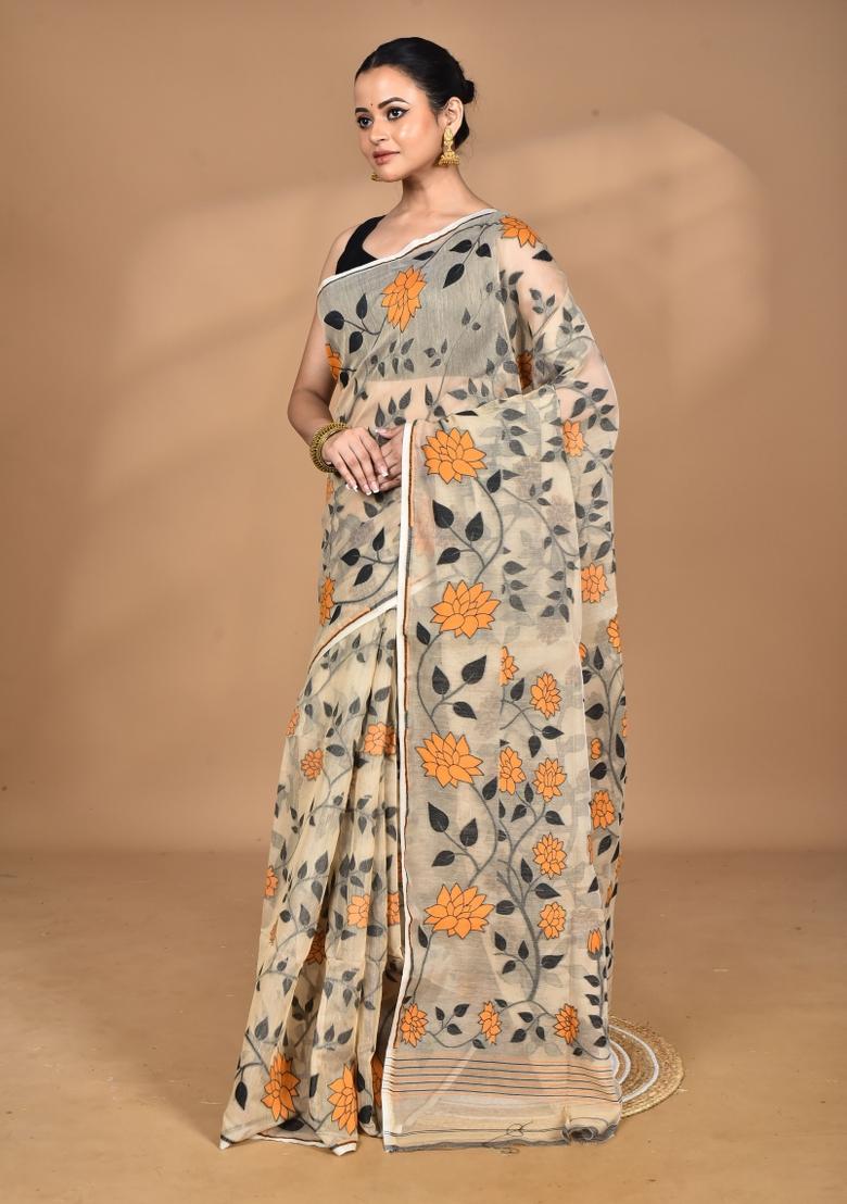 Burlywood Brown Handloom Pure Cotton Saree Set