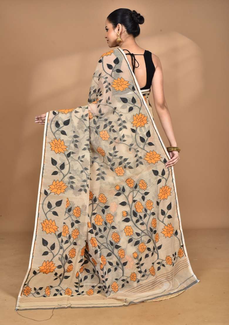 Burlywood Brown Handloom Pure Cotton Saree Set - Indya