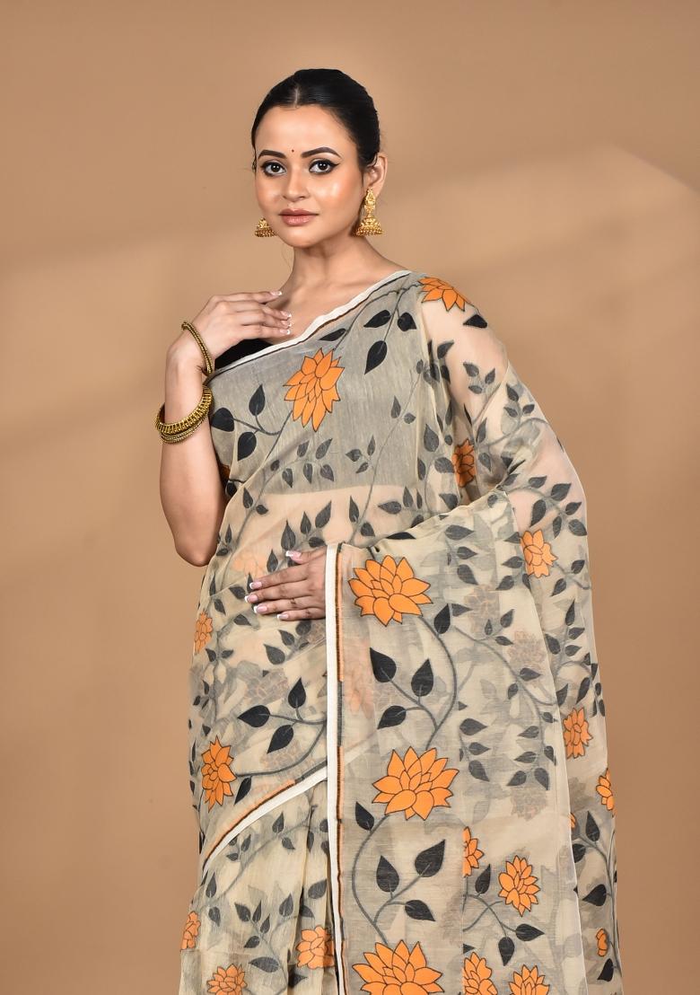 Burlywood Brown Handloom Pure Cotton Saree Set