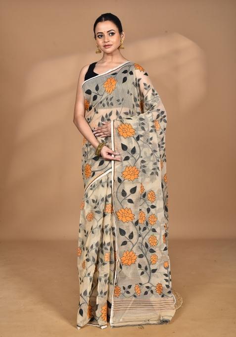 Burlywood Brown Handloom Pure Cotton Saree Set