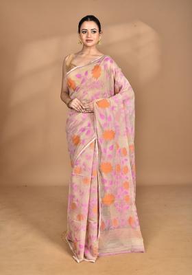 Blanched White Handloom Pure Cotton Saree Set