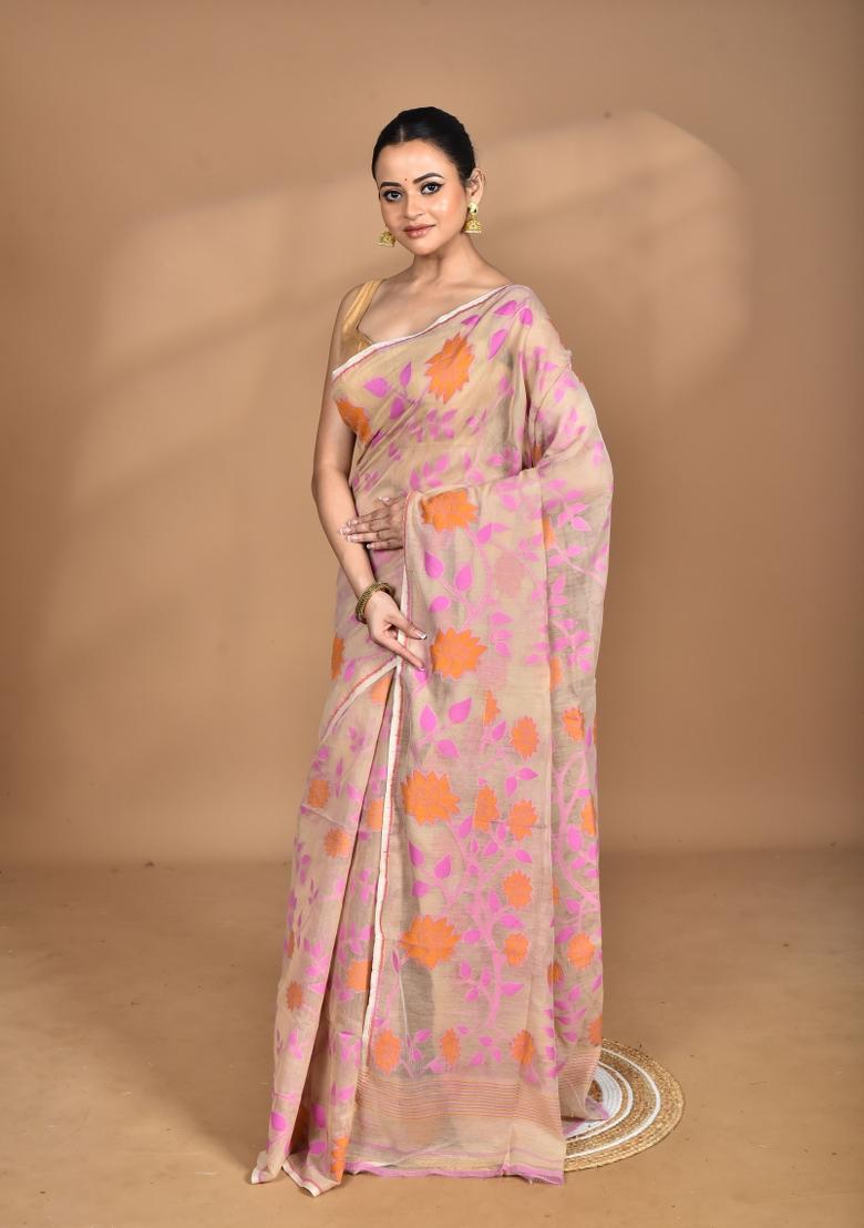 Blanched White Handloom Pure Cotton Saree Set