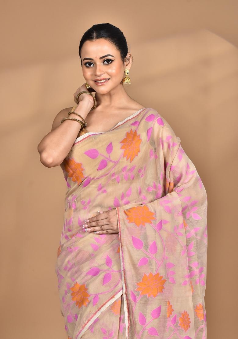 Blanched White Handloom Pure Cotton Saree Set