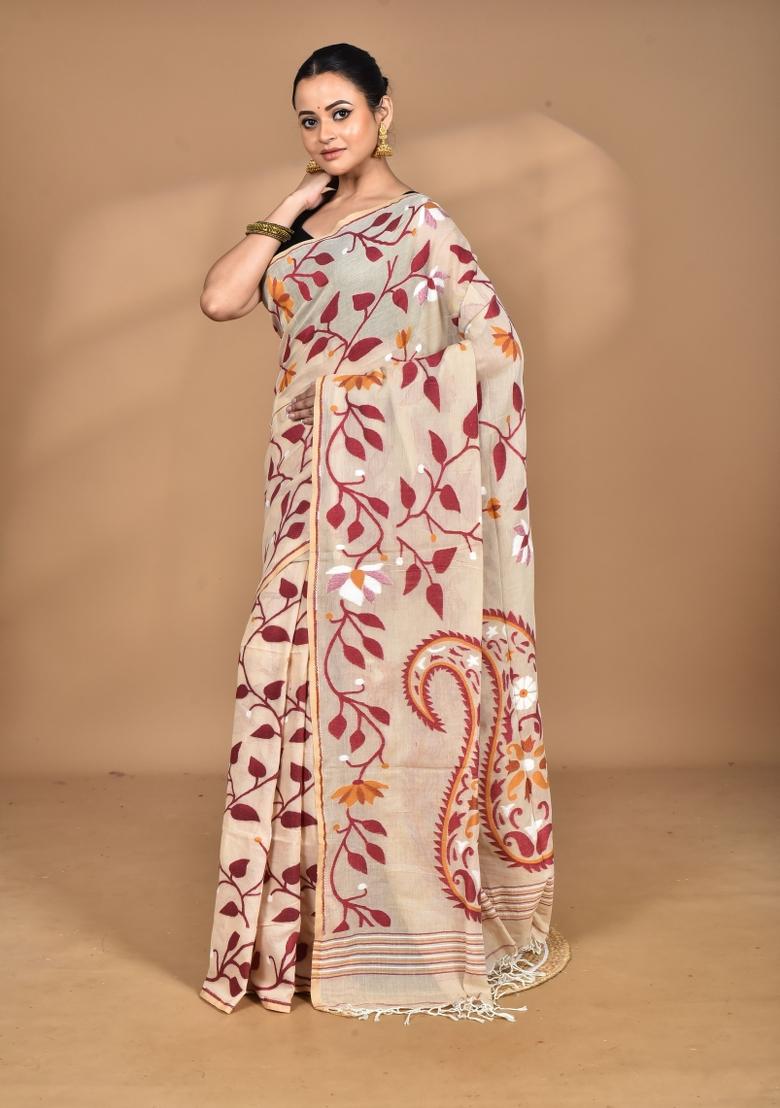 Burlywood Brown Handloom Pure Cotton Saree Set - Indya