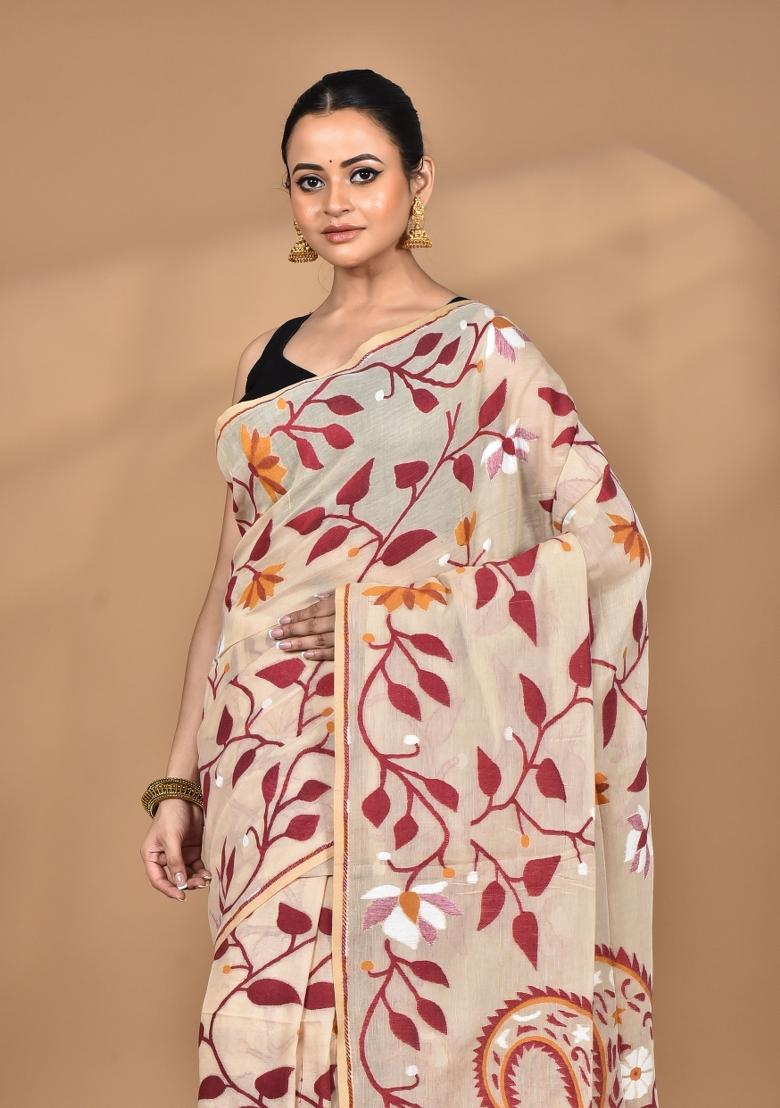 Burlywood Brown Handloom Pure Cotton Saree Set - Indya