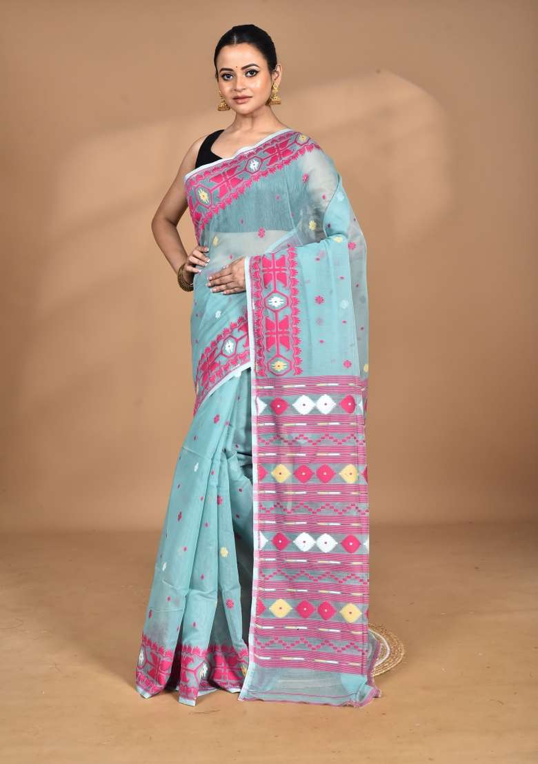 Codet Blue Handloom Pure Cotton Saree Set for Diwali and Festive Wear - Indya