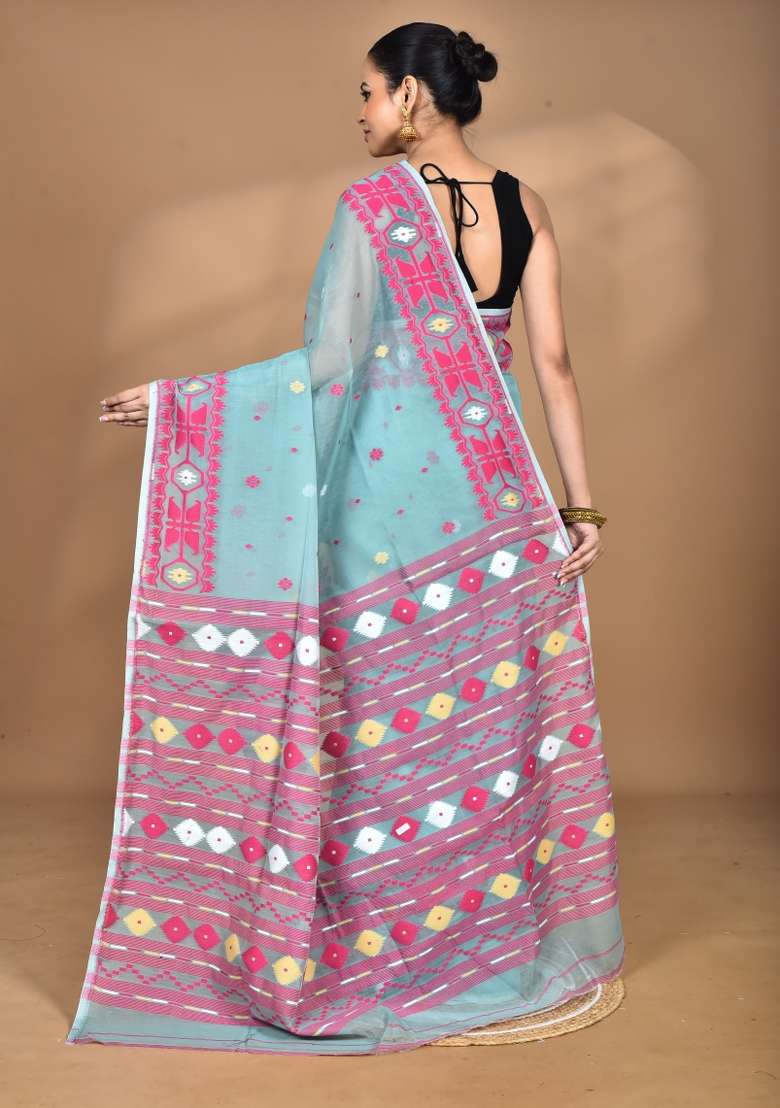 Codet Blue Handloom Pure Cotton Saree Set for Diwali and Festive Wear - Indya