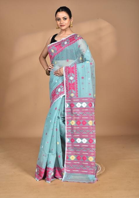 Codet Blue Handloom Pure Cotton Saree Set
