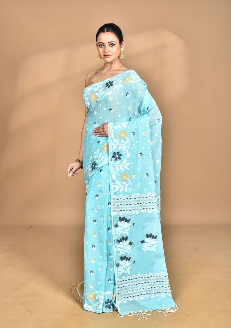 Sky Blue Handloom Pure Cotton Saree Set - Indya