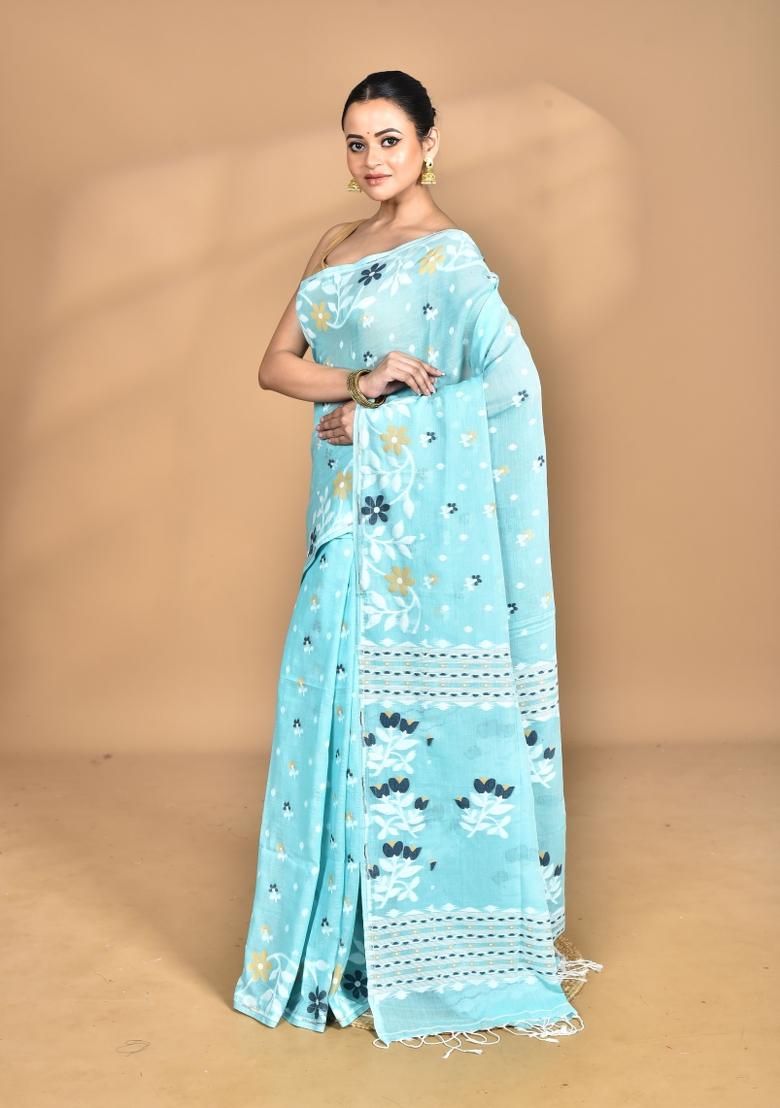 Sky Blue Handloom Pure Cotton Saree Set