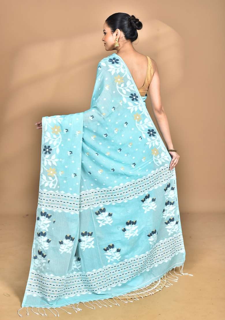 Sky Blue Handloom Pure Cotton Saree Set - Indya