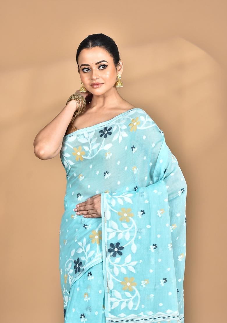 Sky Blue Handloom Pure Cotton Saree Set