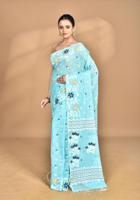 Sky Blue Handloom Pure Cotton Saree Set