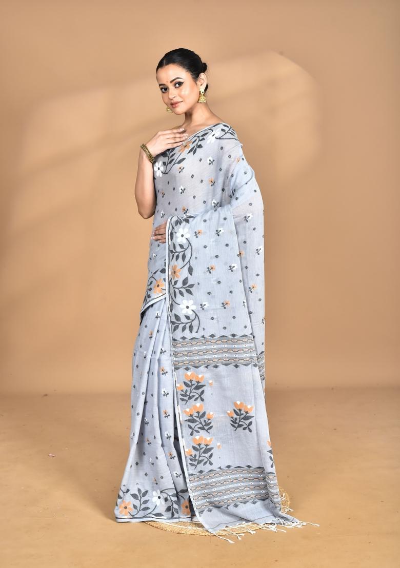 Grey Handloom Pure Cotton Saree Set