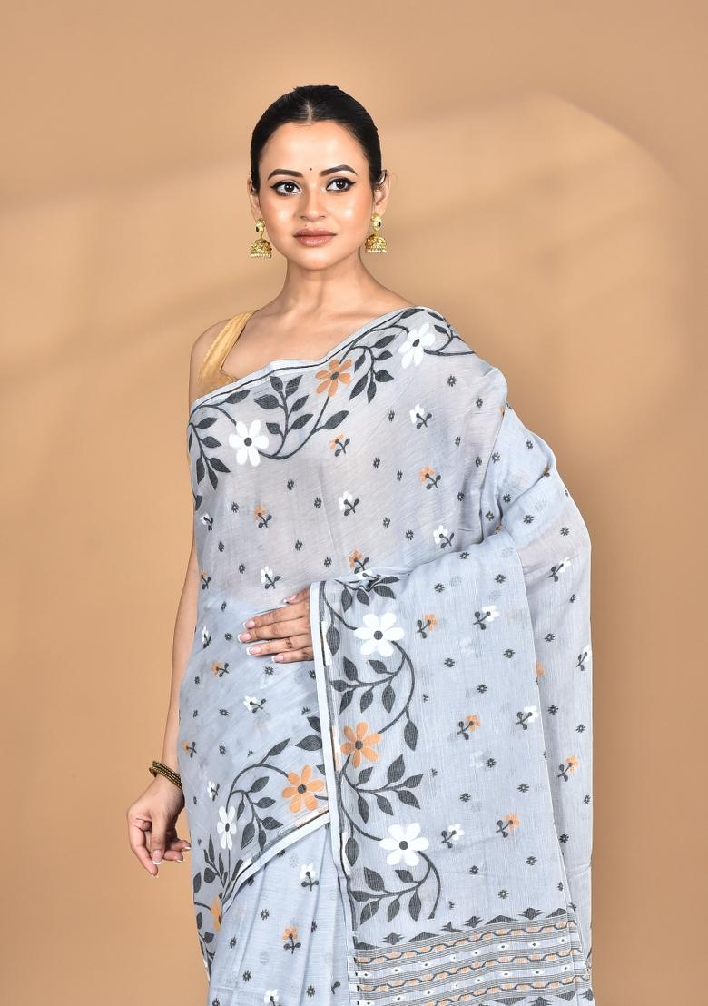 Grey Handloom Pure Cotton Saree Set