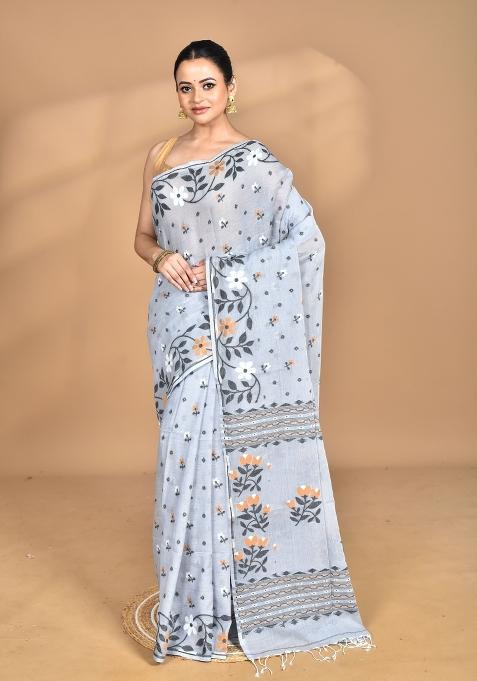 Grey Handloom Pure Cotton Saree Set