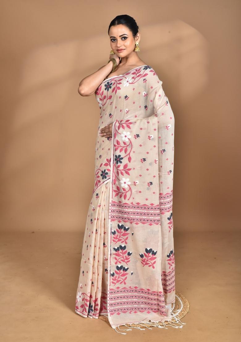 Beige Handloom Pure Cotton Saree Set