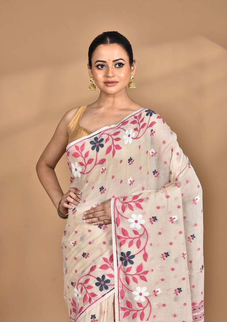 Beige Handloom Pure Cotton Saree Set