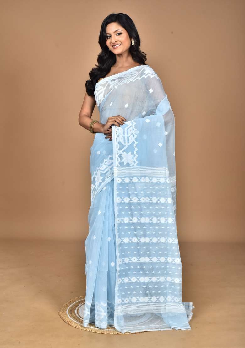Bright Blue Handloom Pure Cotton Saree Set - Indya