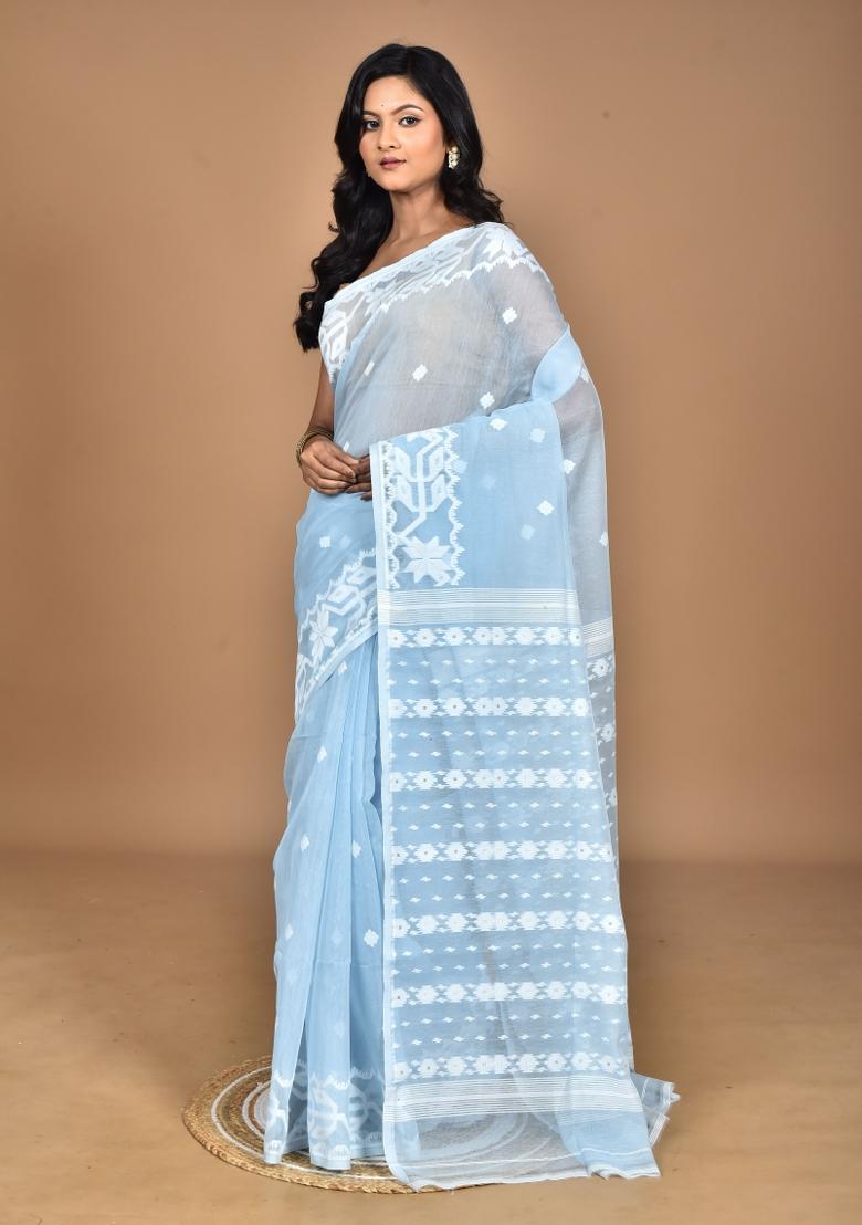 Bright Blue Handloom Pure Cotton Saree Set